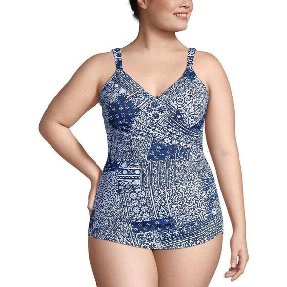 LANDS' END Plus 14 D  SlenderSuit V-neck Tummy Control Skirted Swimsuit NWT - Picture 1 of 8